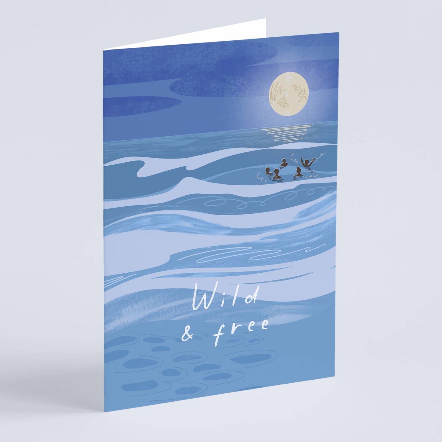 Wild and free greeting card full moon swimmers