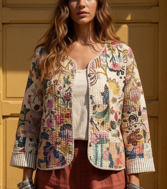 Reversible Quilted Cotton Patchwork Jacket - cream