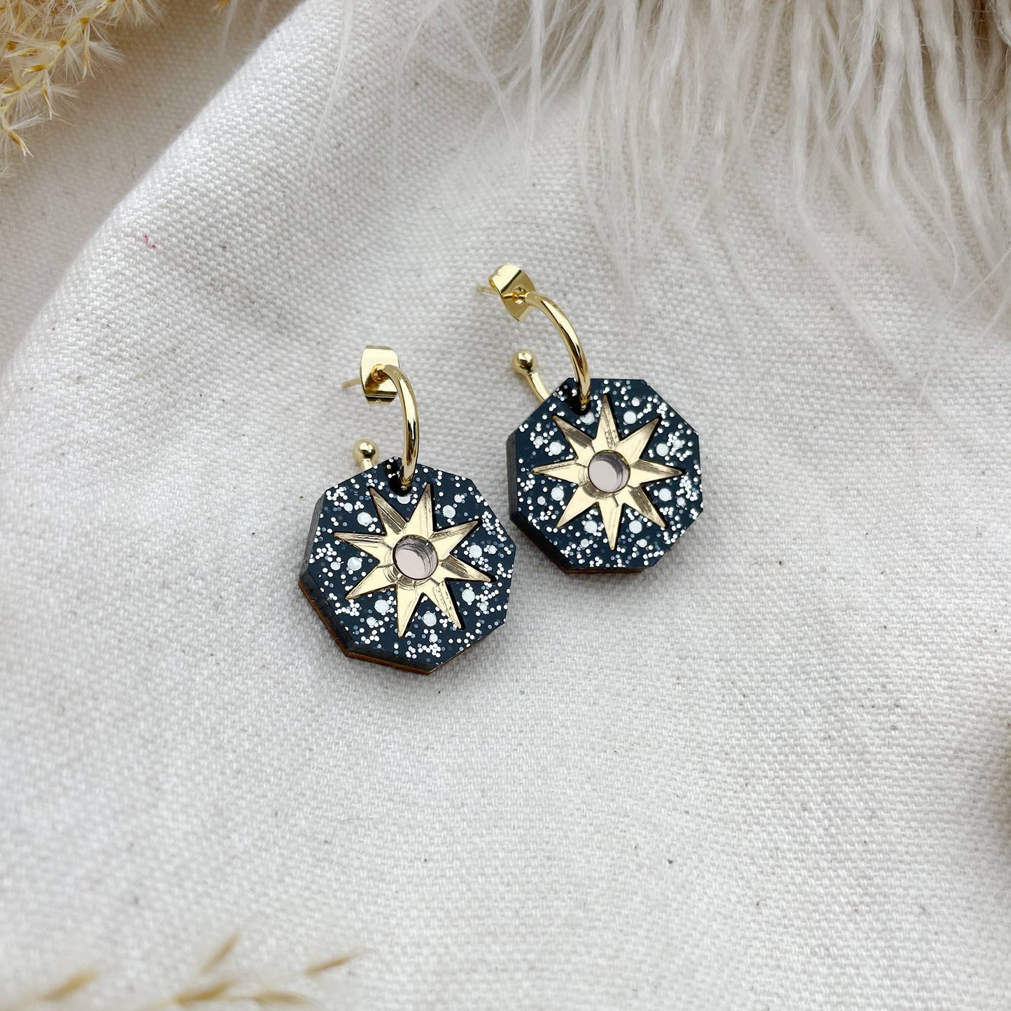 Rosa Pietsch - Seren Geo Star Hoop Earrings: Black Sparkle
