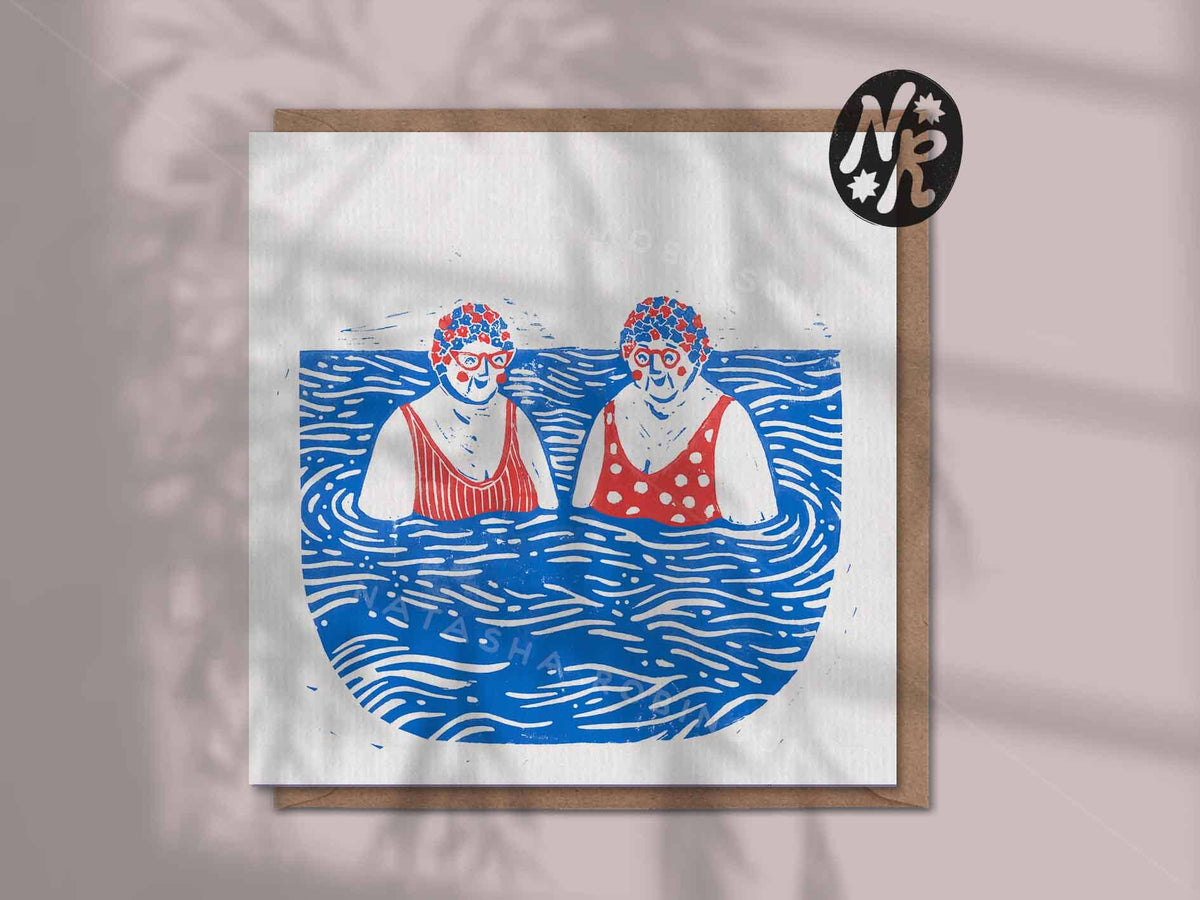Natasha Robinson - Swimming Ladies 1 Blank Wild Sea Swim Lino Greetings Card