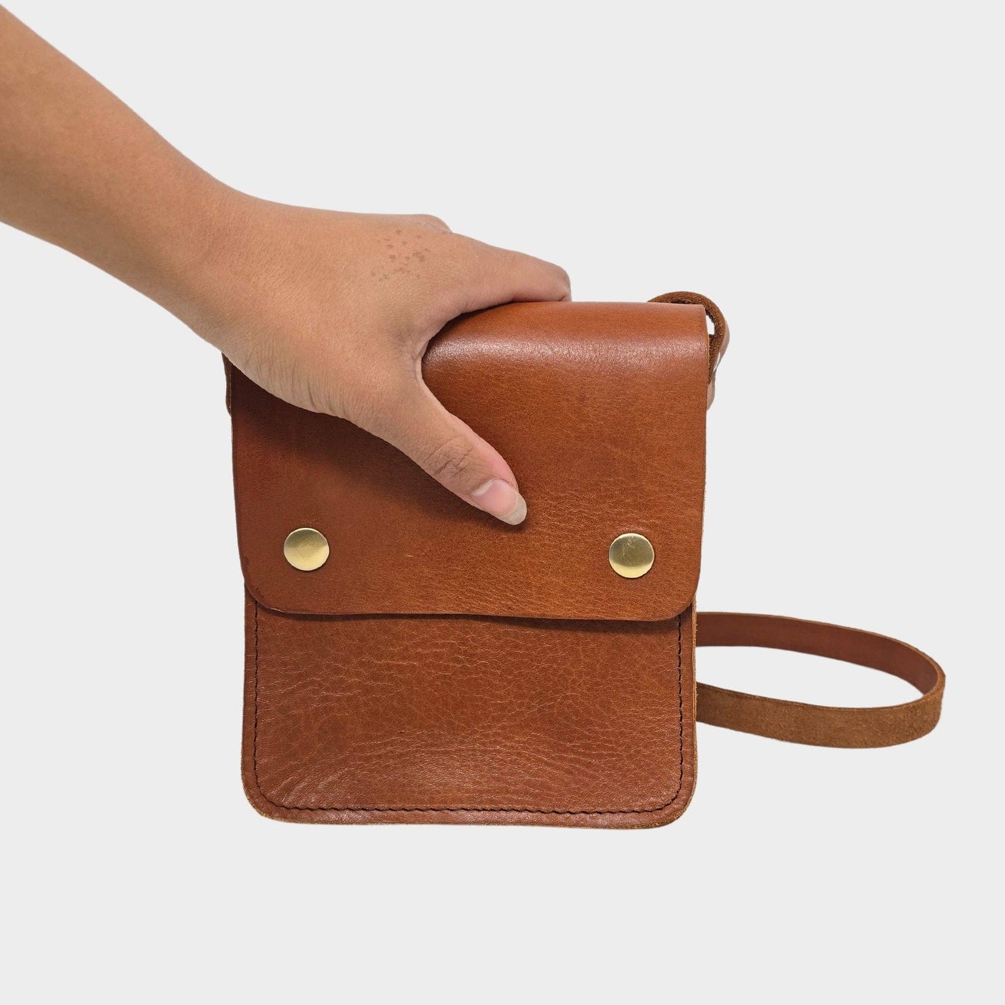 Small Tan Leather Crossbody Bag with Pop Closure