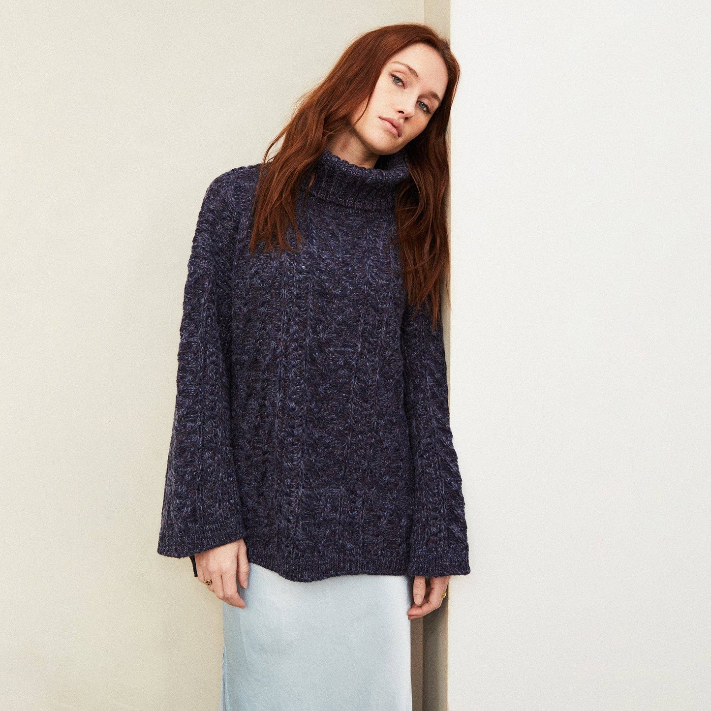 Cara & The Sky - Emily Cable Roll Neck Tunic Jumper - Navy | British Knitwear