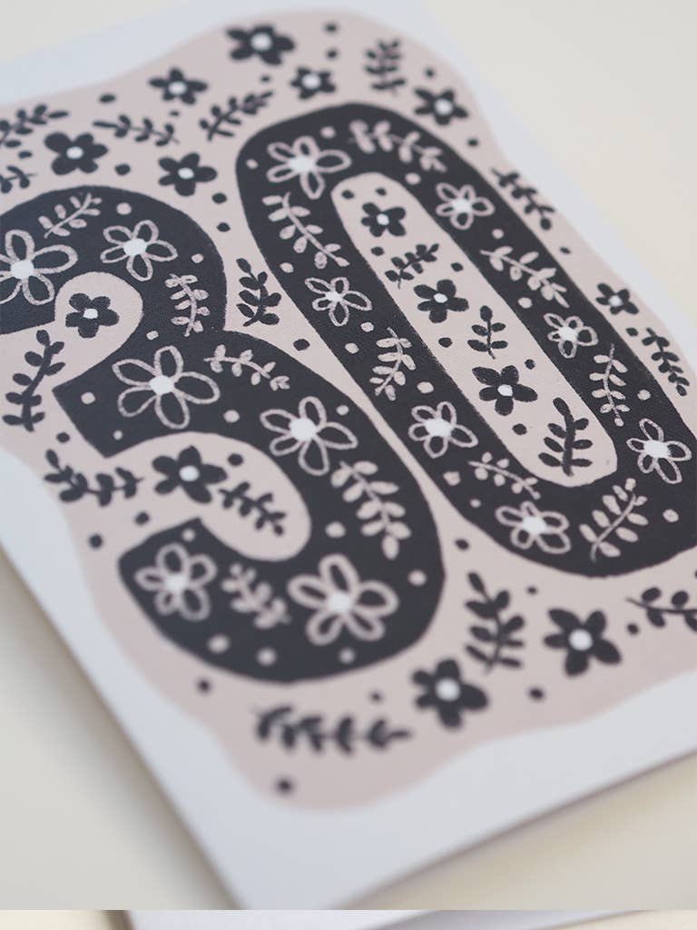 30th Birthday Card - Beige & Navy - Floral