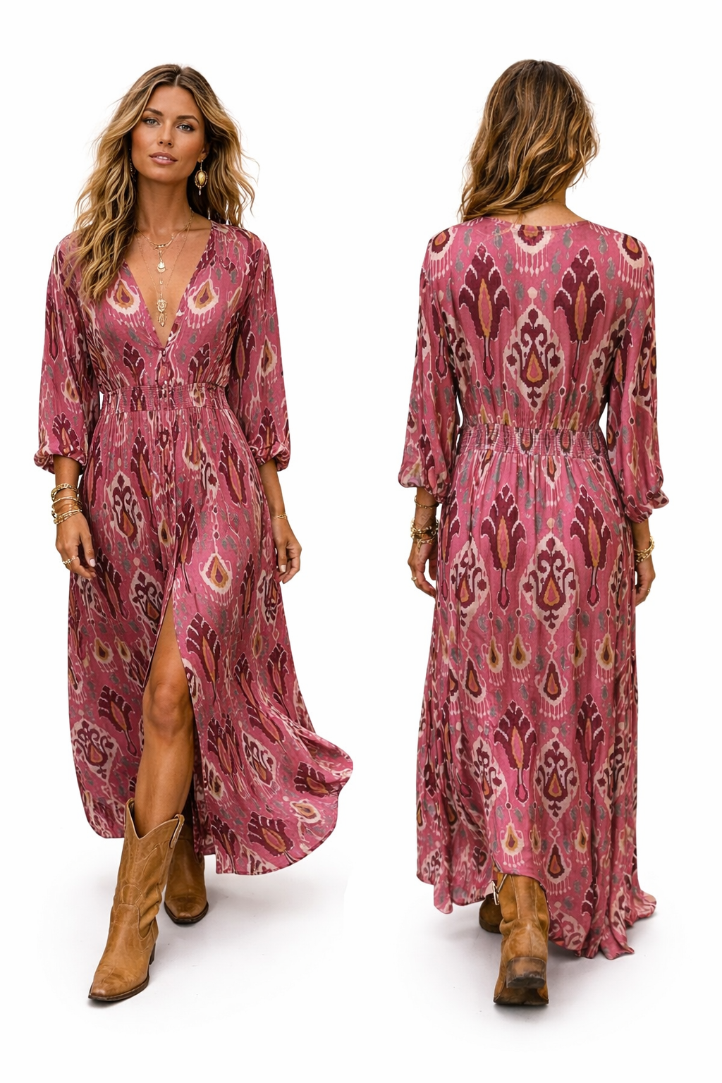 Aztec print satin button through maxi dress