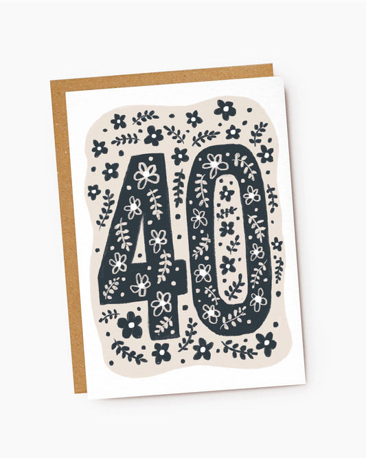 40th Birthday Card - Beige & Navy - Floral