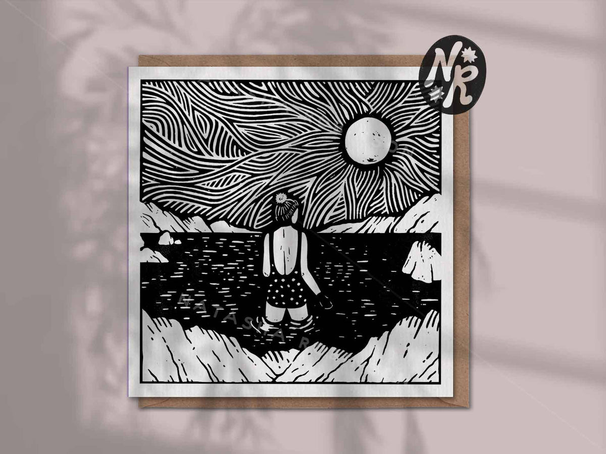 Natasha Robinson - A Cold Dip Blank Wild Sea Swim Lino Square Greetings Card