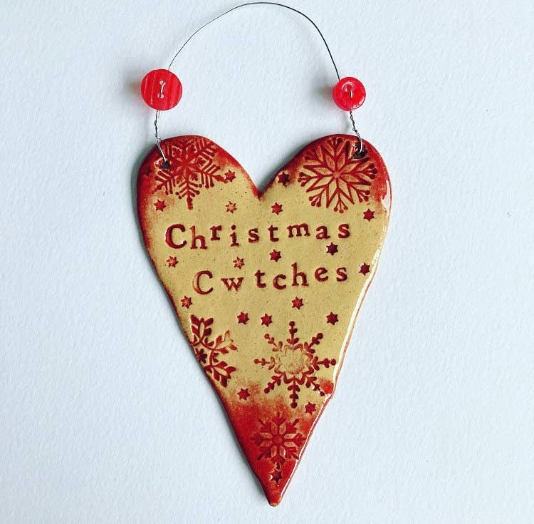 Ceramic Christmas Cwtches Heart Decoration Handmade in Wales