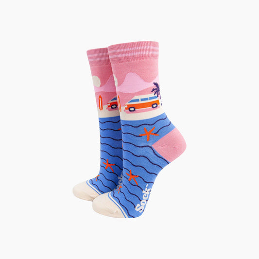 Beach Campervan Bamboo Socks in Pink