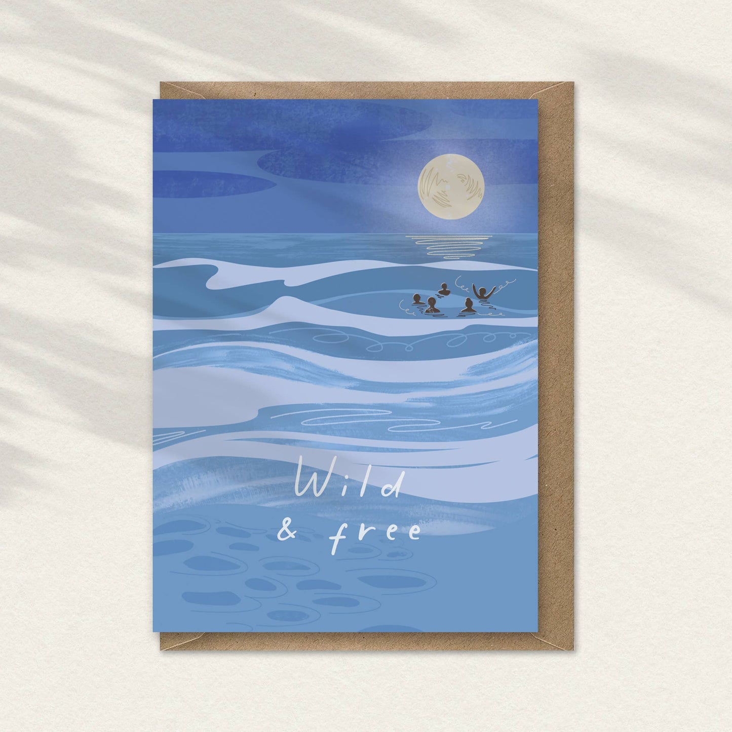 Wild and free greeting card full moon swimmers