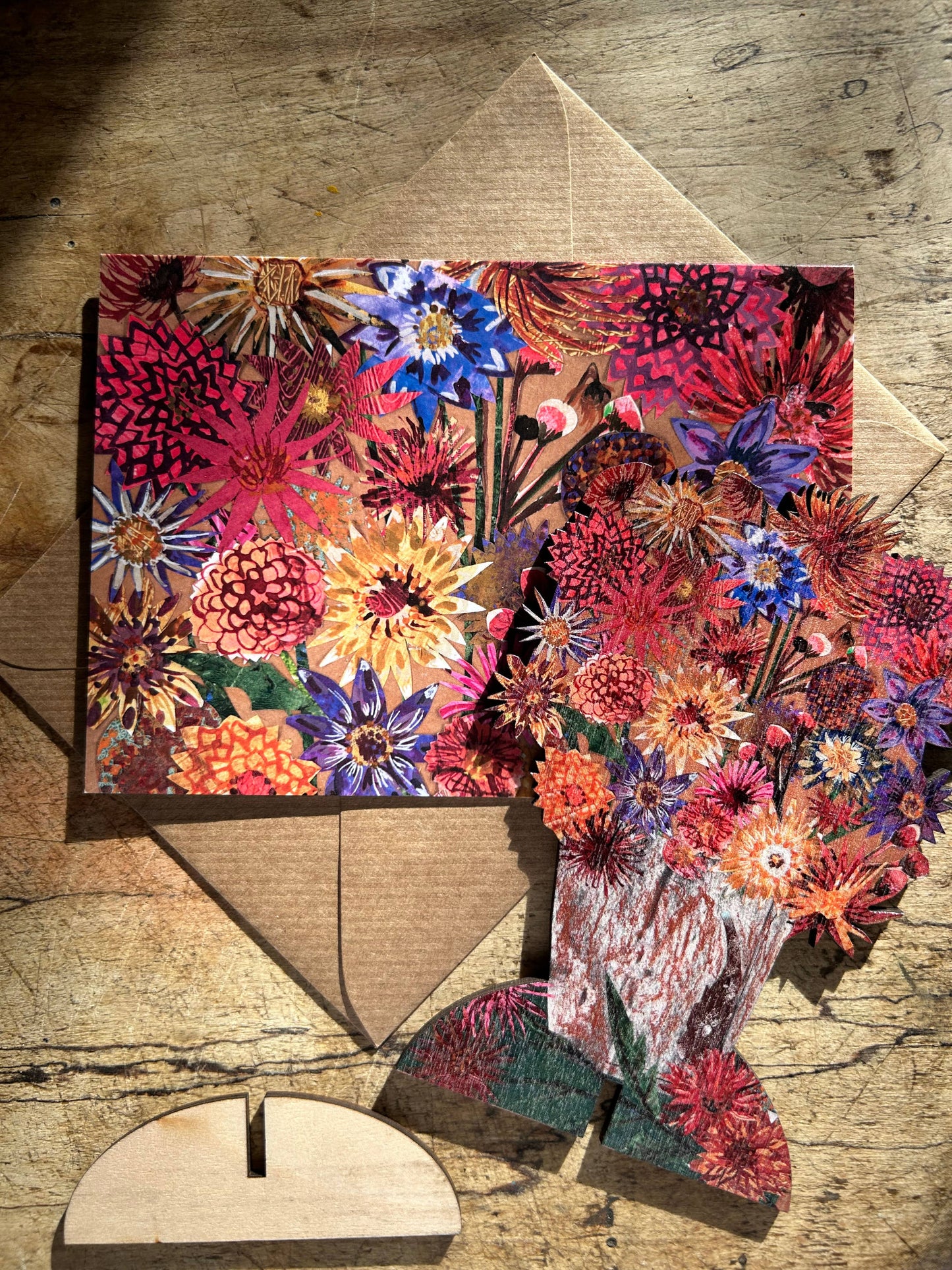 Clare O’Neill Artworks - Dazzling Dahlias laser cut birch plywood keepsake and stand
