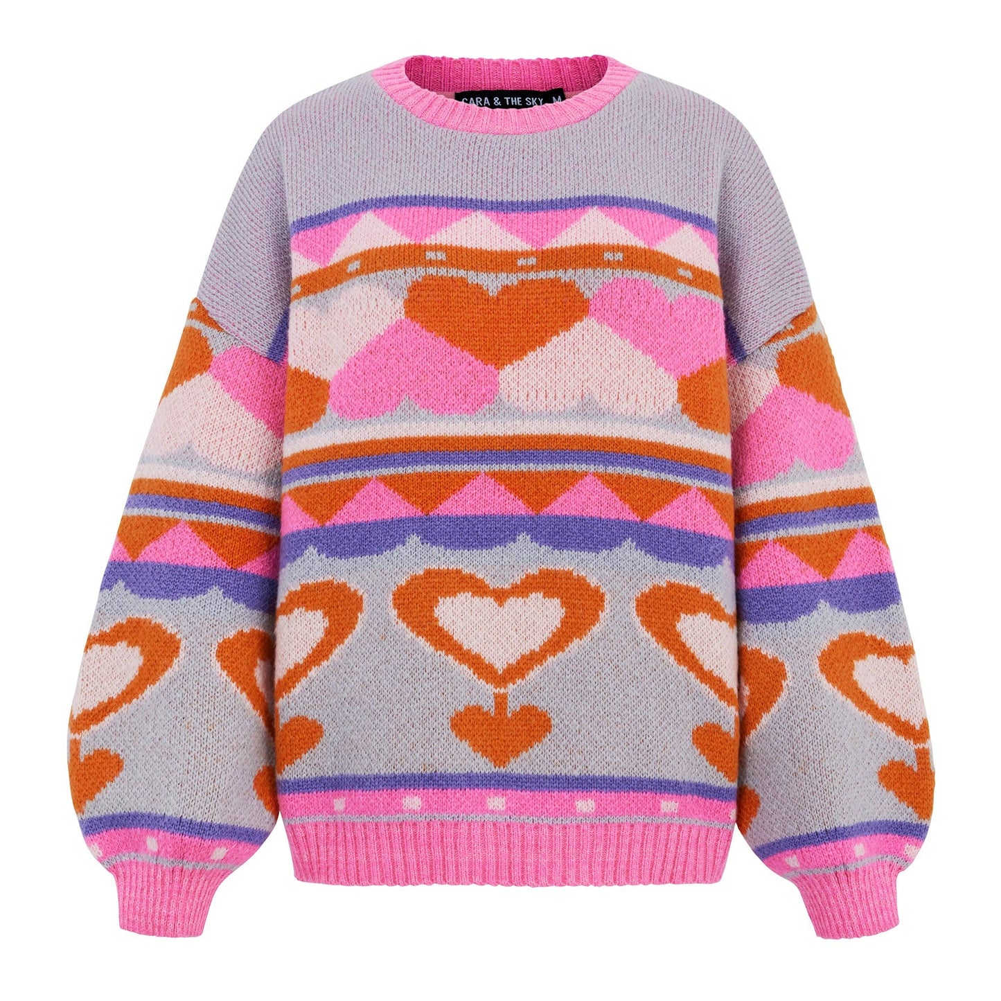 Cara & The Sky - Poppy Heart Intarsia Balloon Sleeve Oversized Jumper - Blue