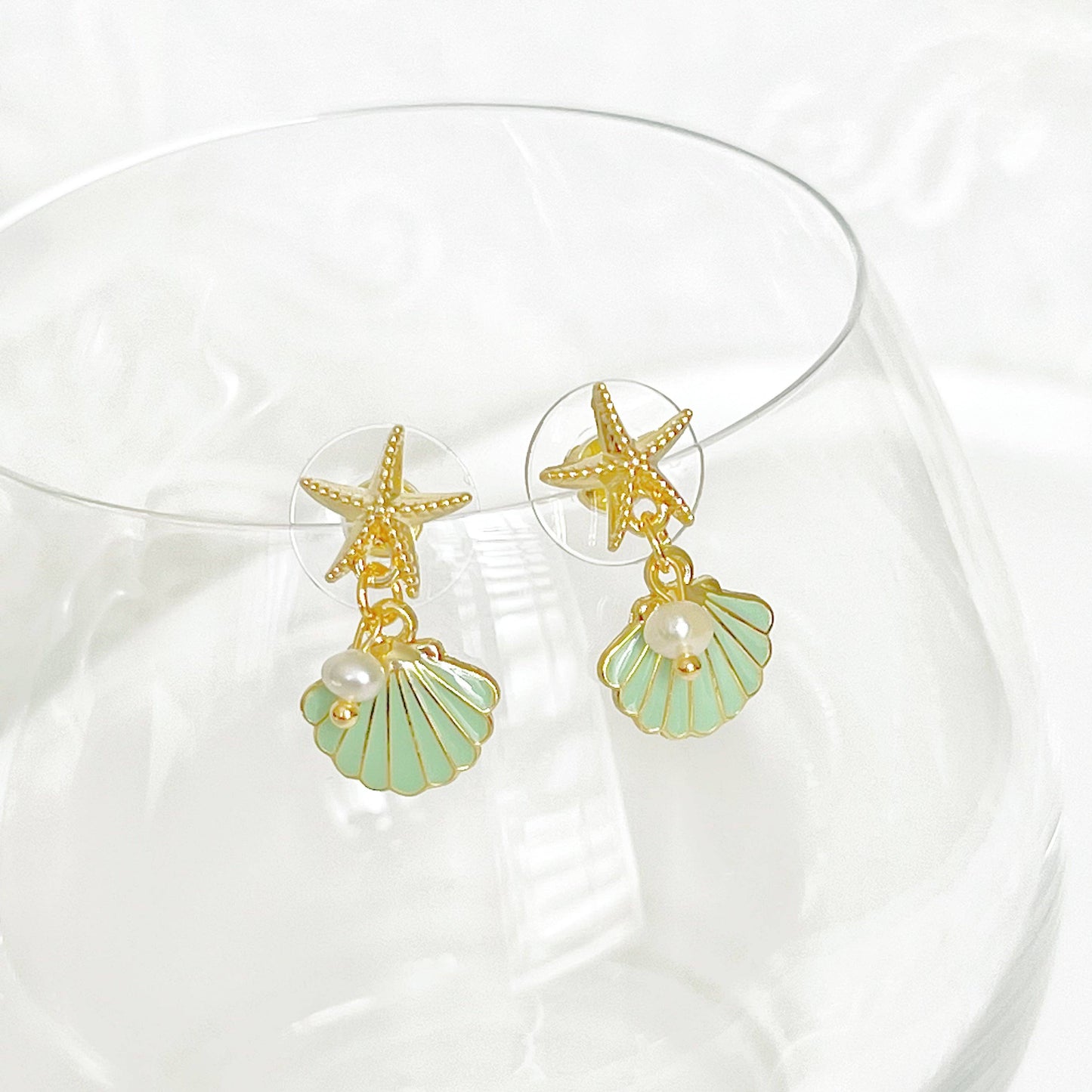 Gold Starfish and Green Seashell with Mini Pearl Drop Earrin