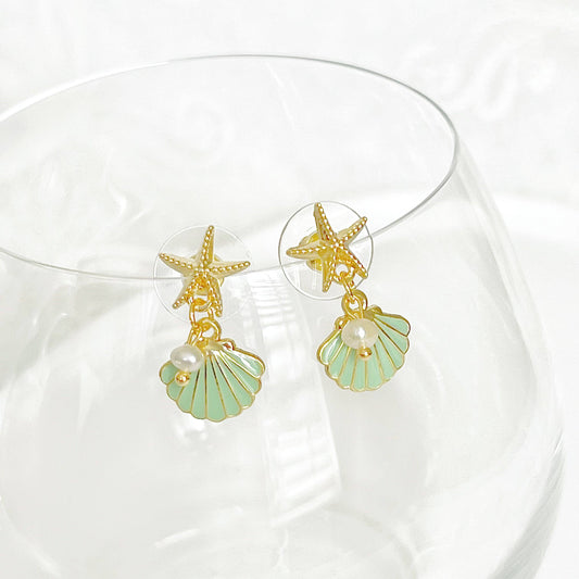 Gold Starfish and Green Seashell with Mini Pearl Drop Earrin