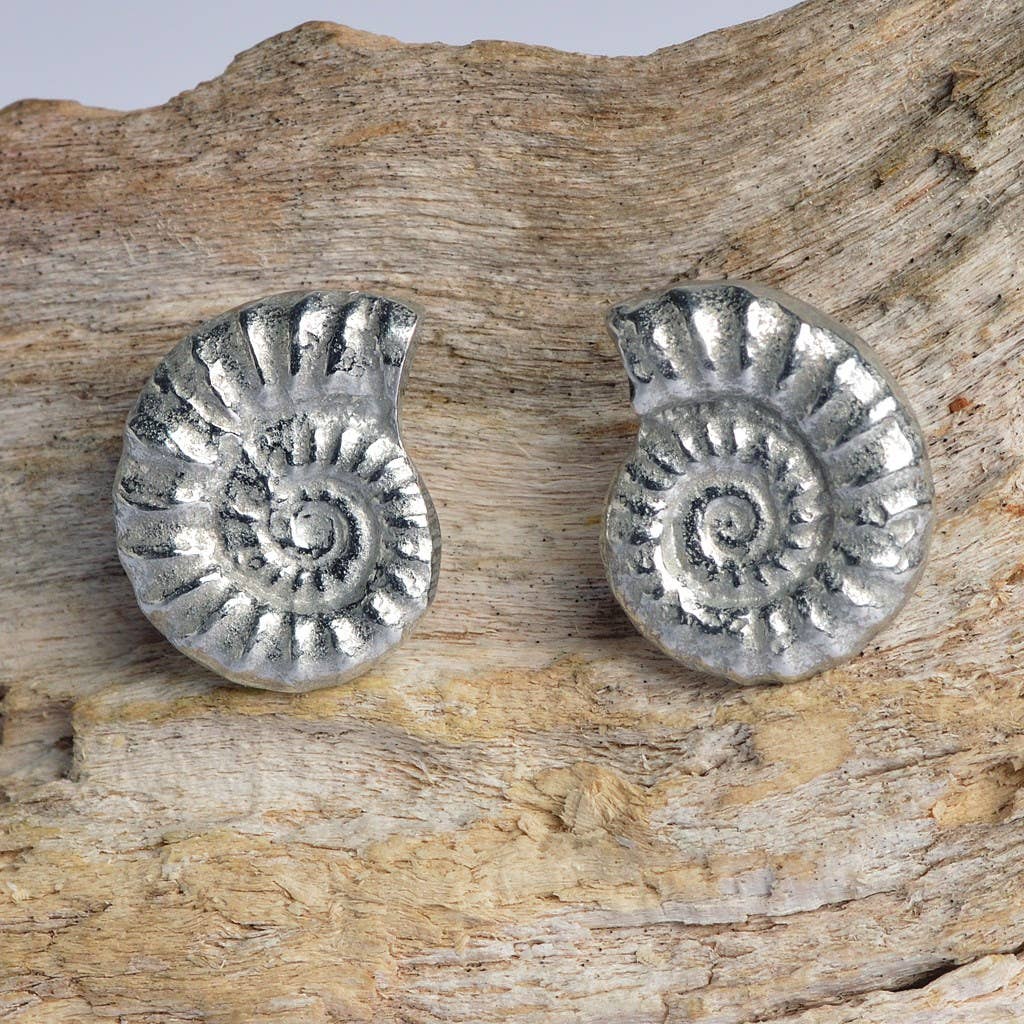 Ammonite Stud Earrings, English Pewter Jewellery