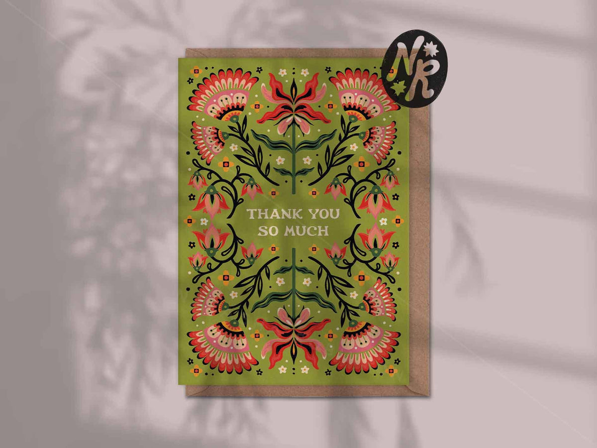 Natasha Robinson - Thank You So Much | Colourful Floral Folk Greetings Card A6