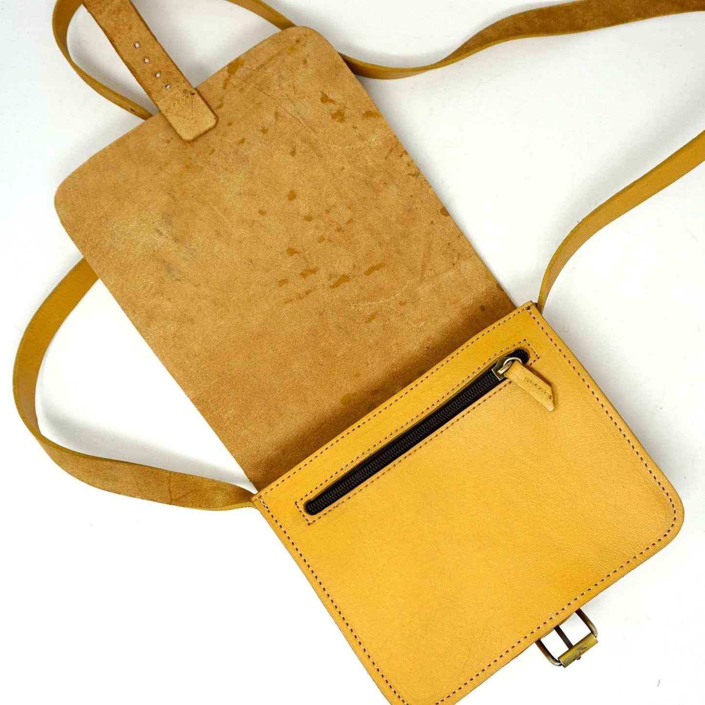 Handmade Small Unisex Leather Crossbody Bag – yellow Full-Grain Leather Satchel"