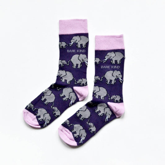 Bare Kind - Elephant Socks | Bamboo Socks | Purple Socks: UK Adult 7-11 / Single Pair / Elephants