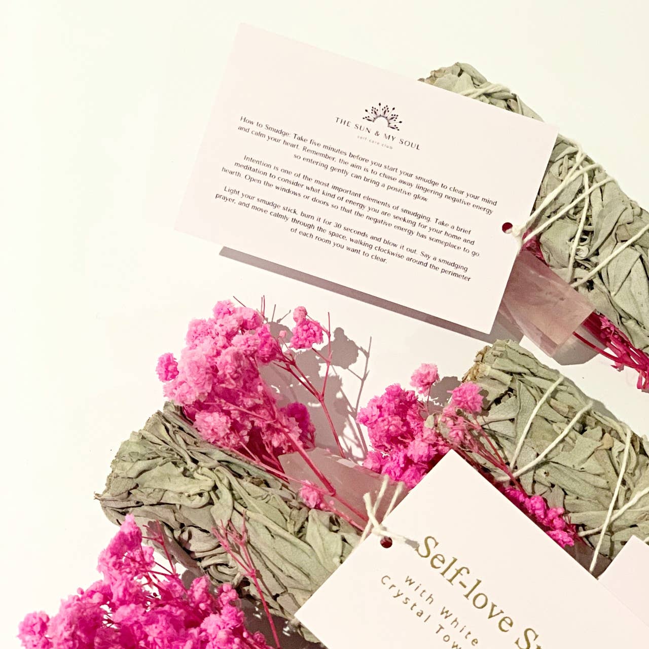 The Sun & My Soul Self-love Smudge Kit - White Sage Smudge, Rose Quartz Tower