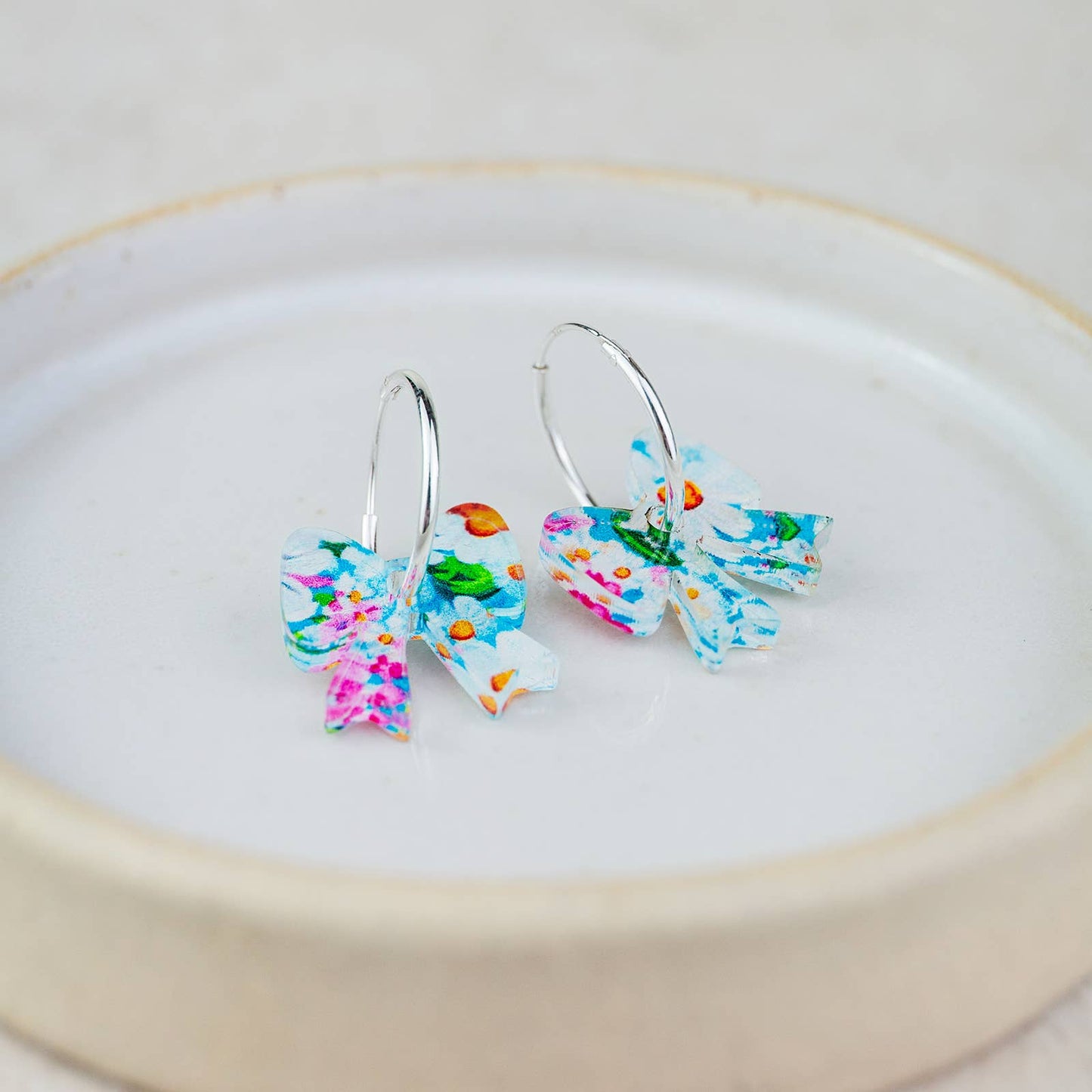 Sterling Silver And Acrylic Colourful Floral Charm Hoops