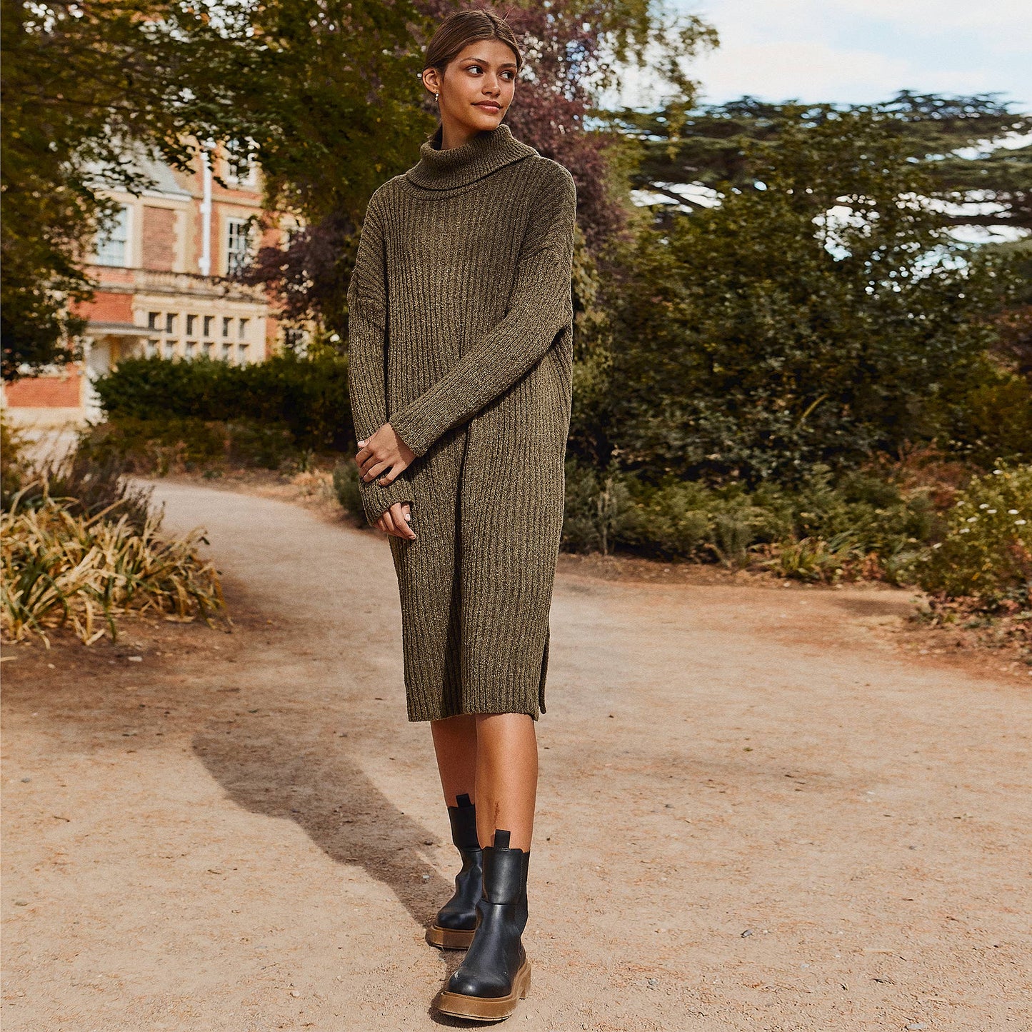 Cara & The Sky - Joey Boucle Roll Neck Midi Dress - Khaki