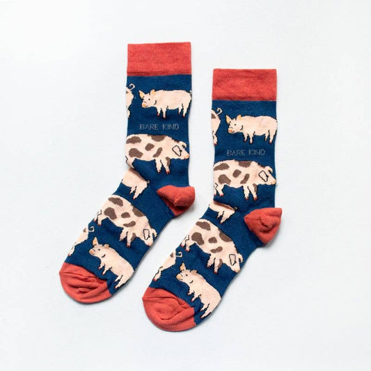 Pig Socks | Bamboo Socks | Blue Socks | Farm Socks: UK Adult 7-11 / Single Pair / Pigs