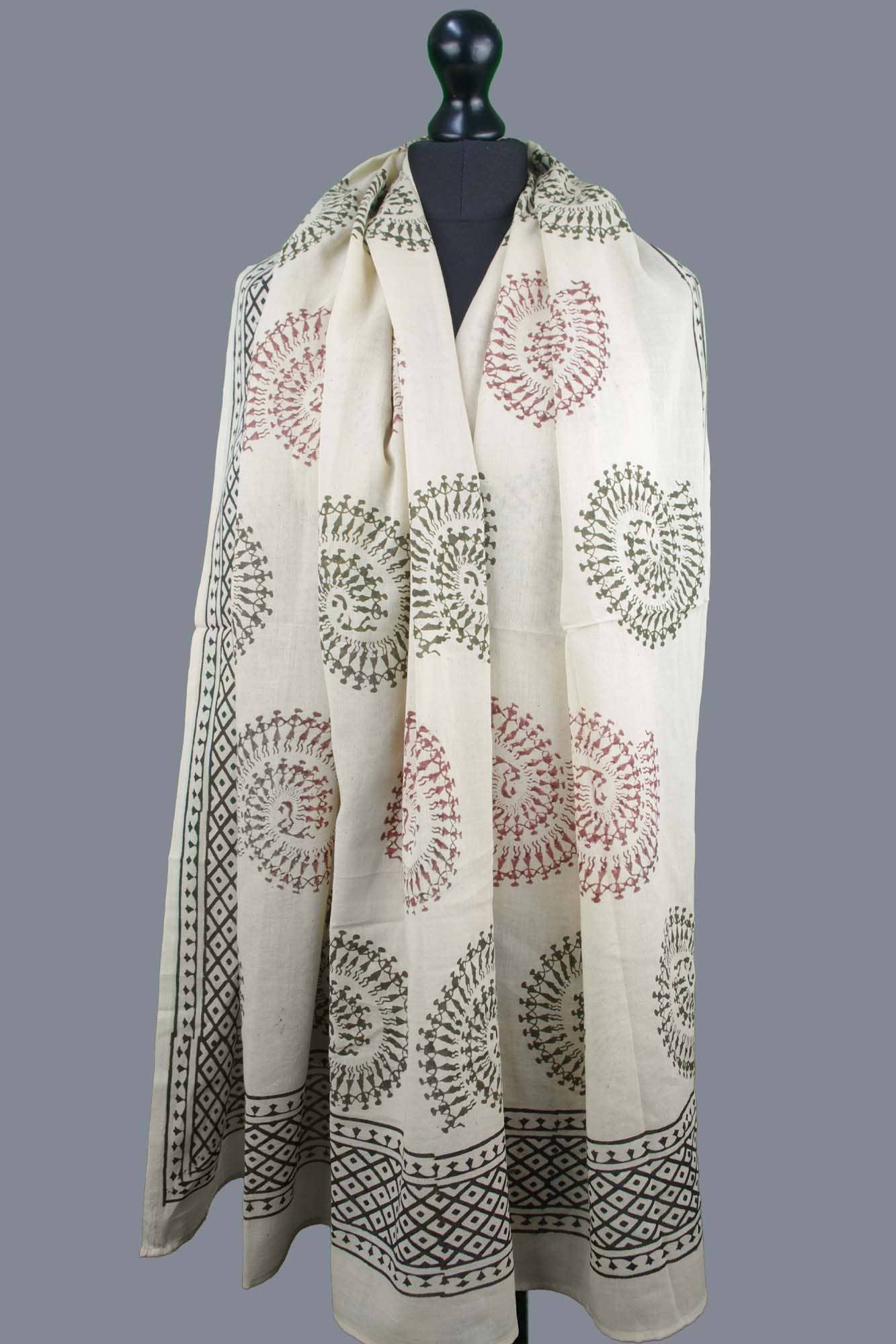 Kantha Decor - Bagru Beach Coverup Sarong Pareo - Warli Spiral Dance Beige