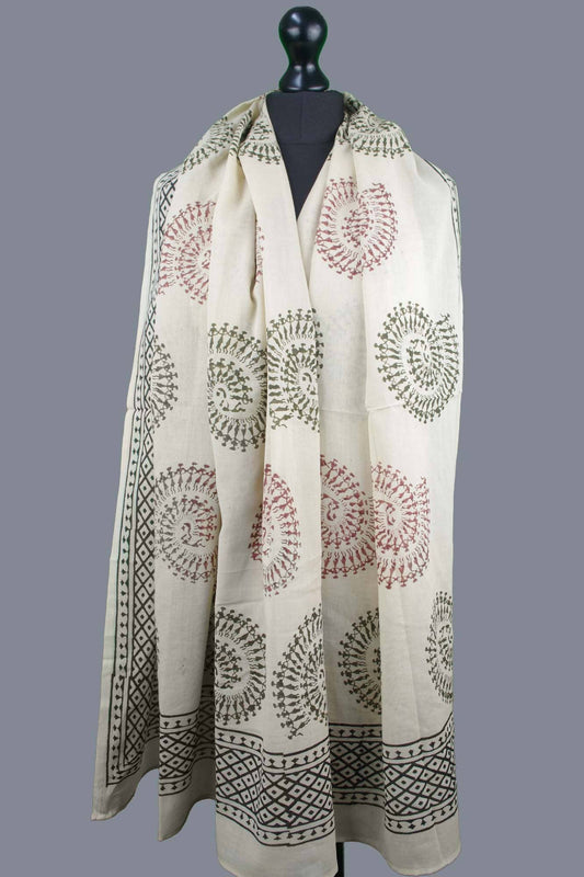 Kantha Decor - Bagru Beach Coverup Sarong Pareo - Warli Spiral Dance Beige