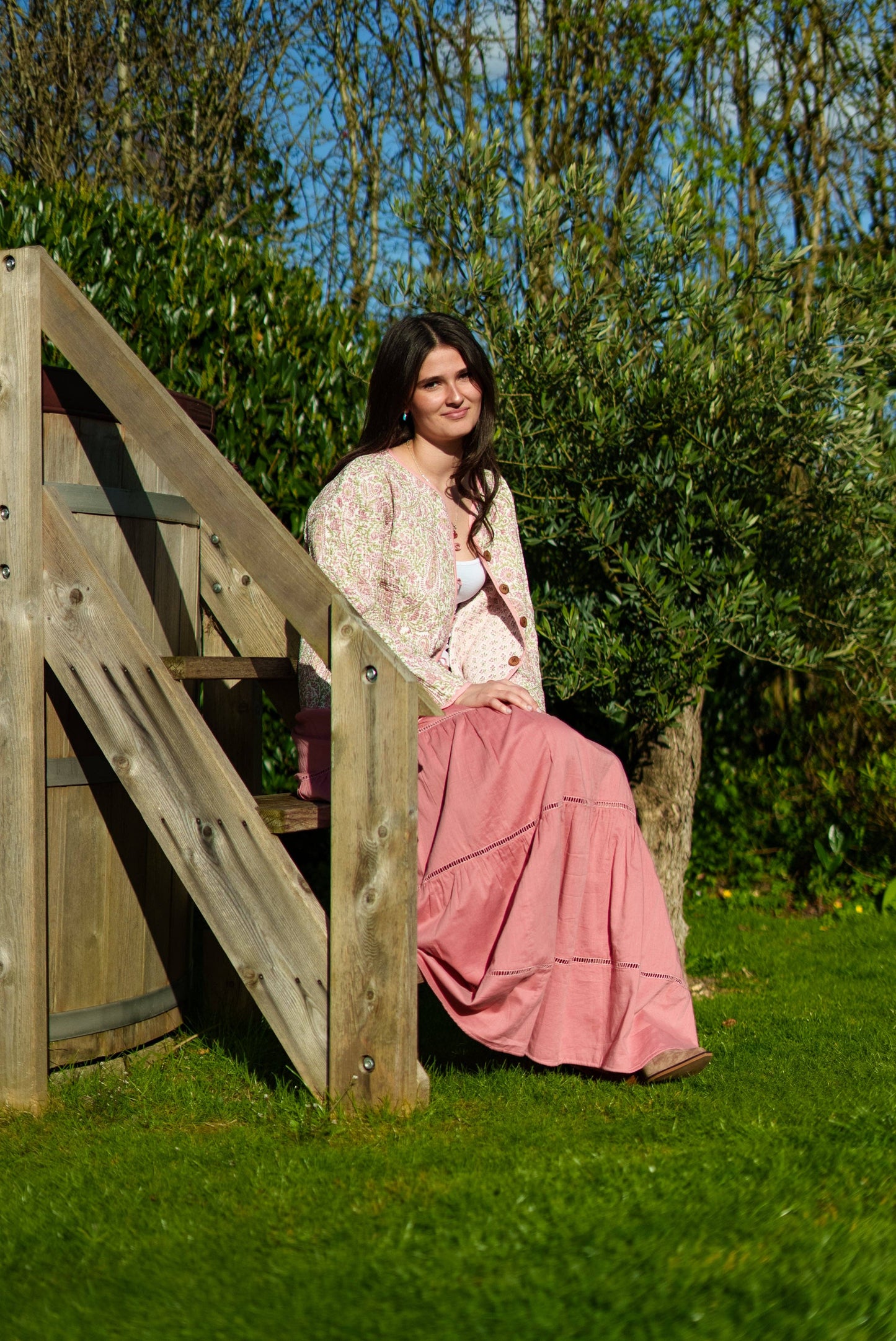 Pink/Green Floral wood block printed reversible jacket with wooden buttons, 100% cotton, hand printed by amazingly talented artisans in Jaipur.