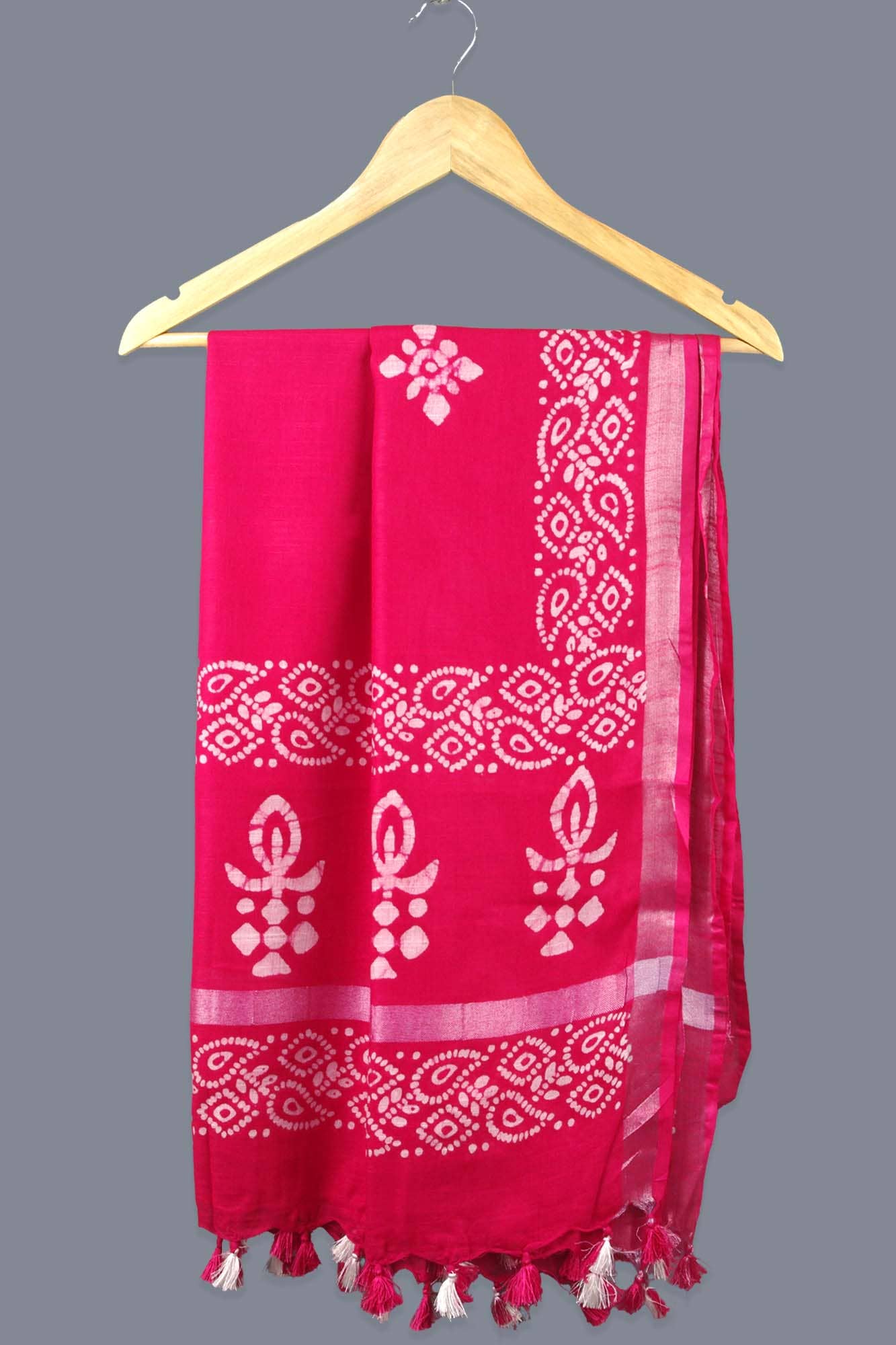 Kantha Decor - Linen Scarf / Stole with Tussle - Hot Pink White Batik Print