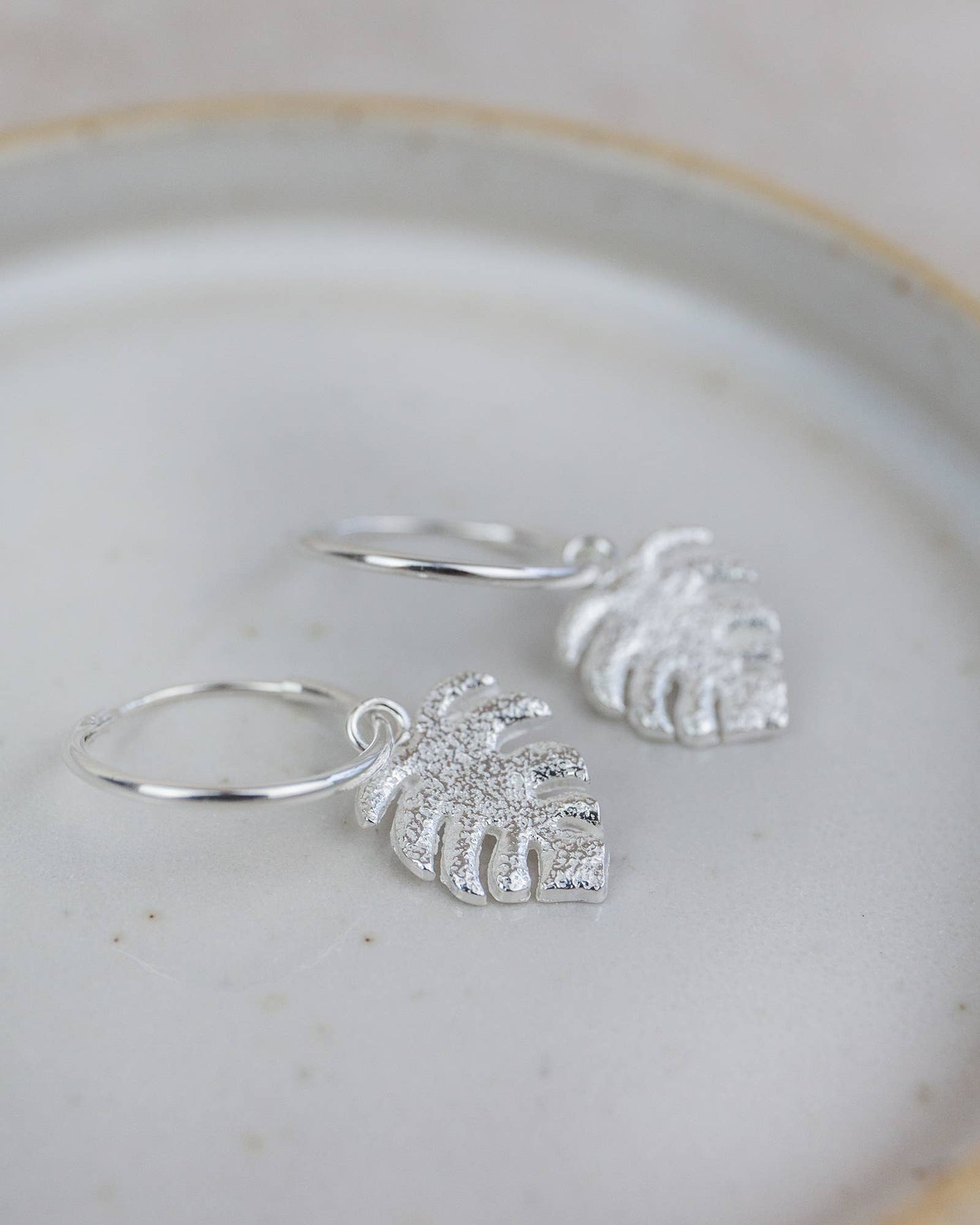 Sterling Silver Monstera Charm Hoops