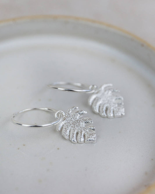 Sterling Silver Monstera Charm Hoops