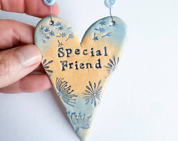 Special Friend ceramic hanging heart. Made in Wales.