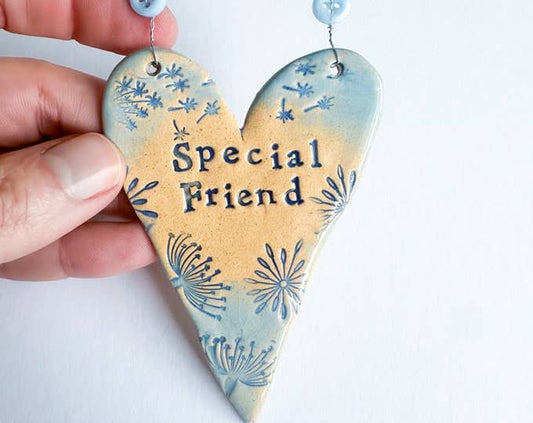 Special Friend ceramic hanging heart. Made in Wales.
