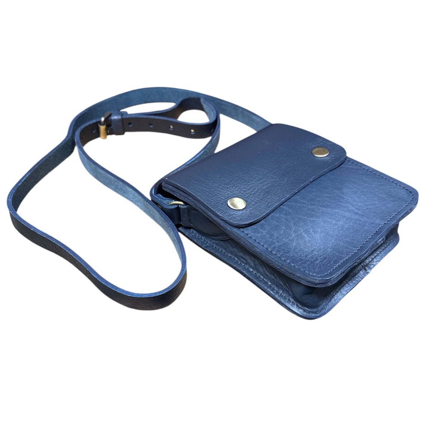 Small Leather Crossbody Bag with Pop Closure Navy Blue