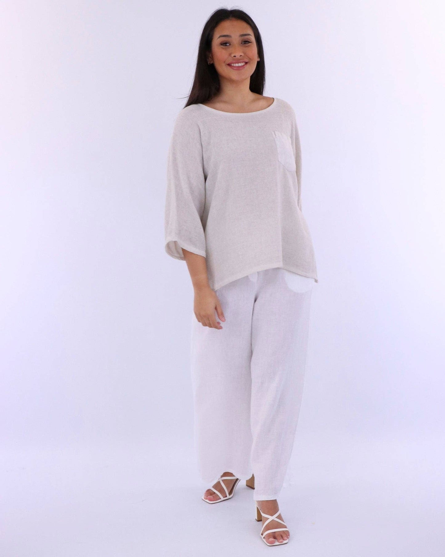 Cadenza - Linen and Cotton Blend Pocket Top: White / One Size