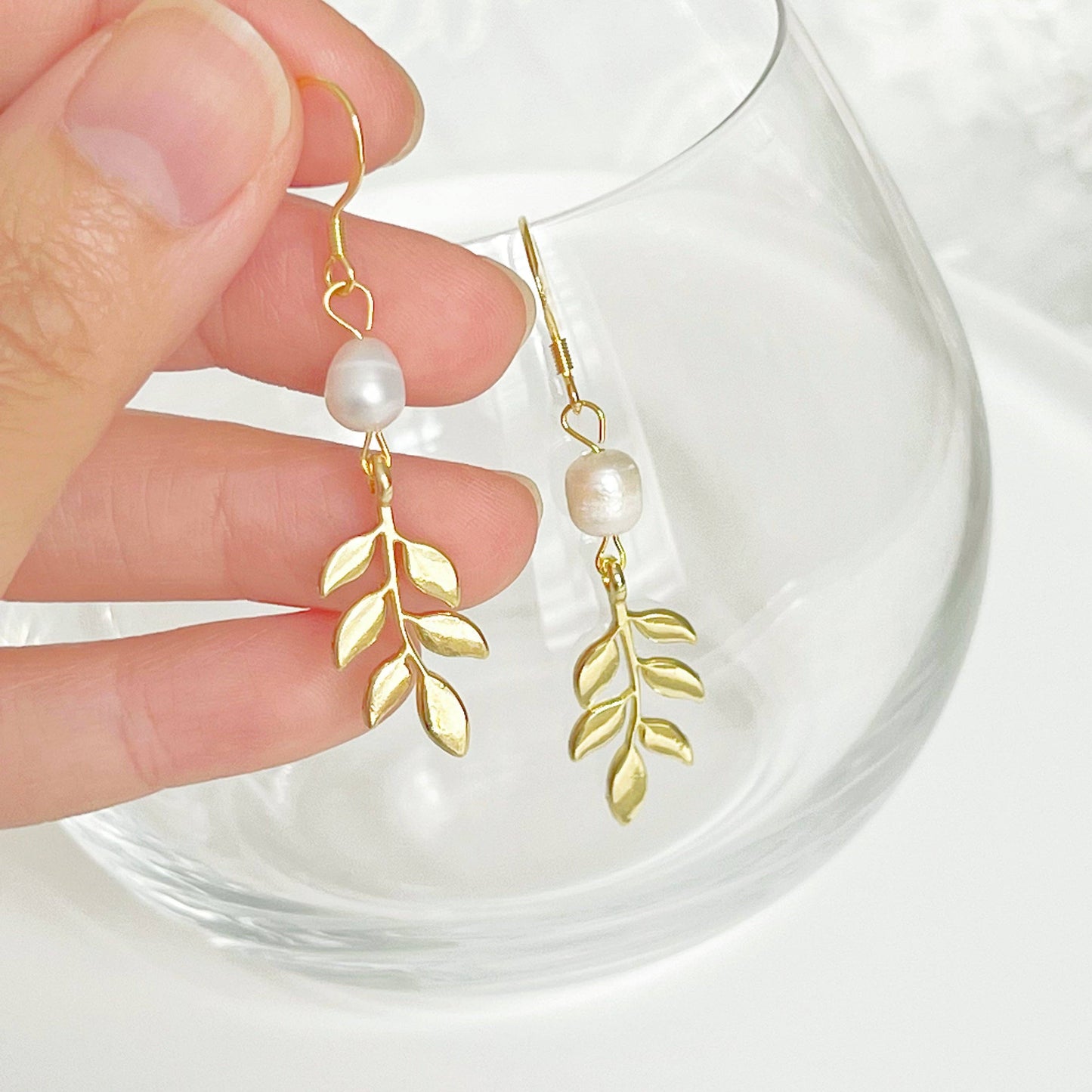 Ninaouity - Gold Willow Leaf and Freshwater Pearl Earrings