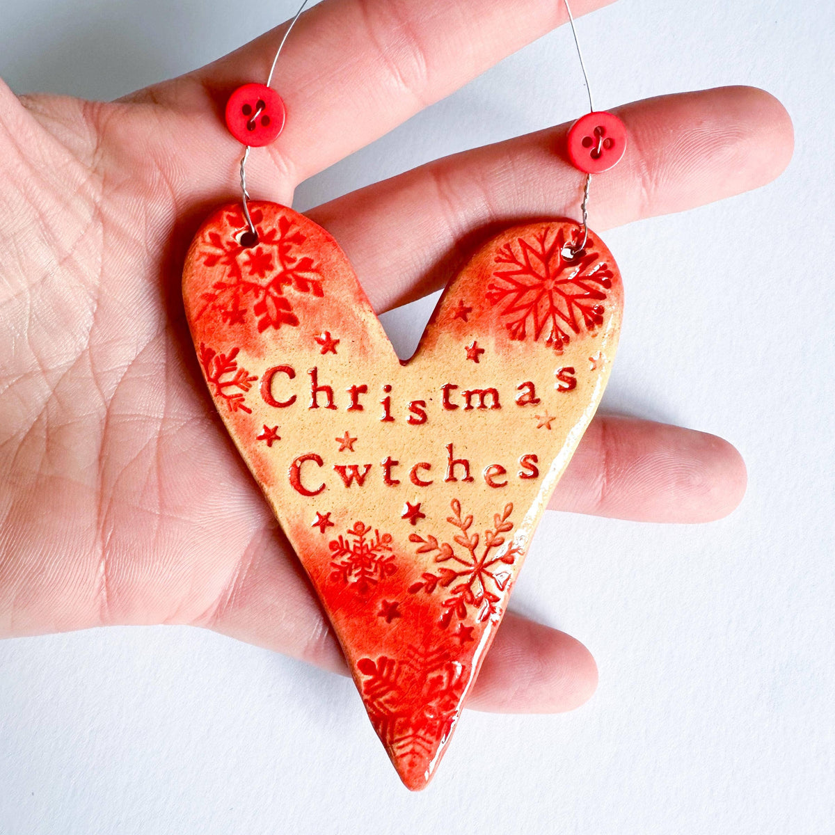 Ceramic Christmas Cwtches Heart Decoration Handmade in Wales