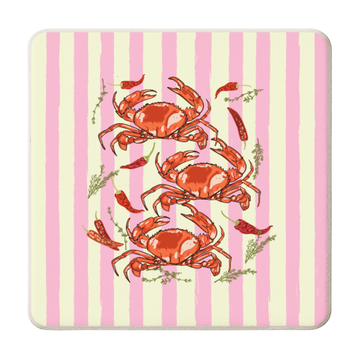 Art Wow - Coasters 'Spicy Red Crabs on Pink Pastel Stripes Retro Coast