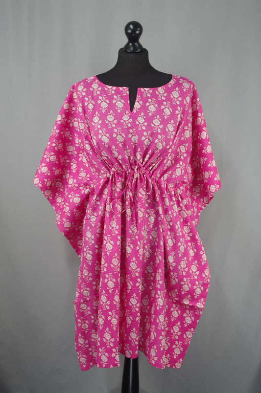Kanthor Decor Block Printed Cotton Coverup / Kaftans - Pink Floral
