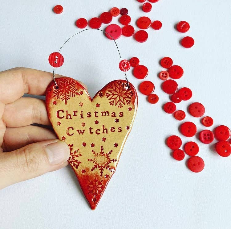 Ceramic Christmas Cwtches Heart Decoration Handmade in Wales