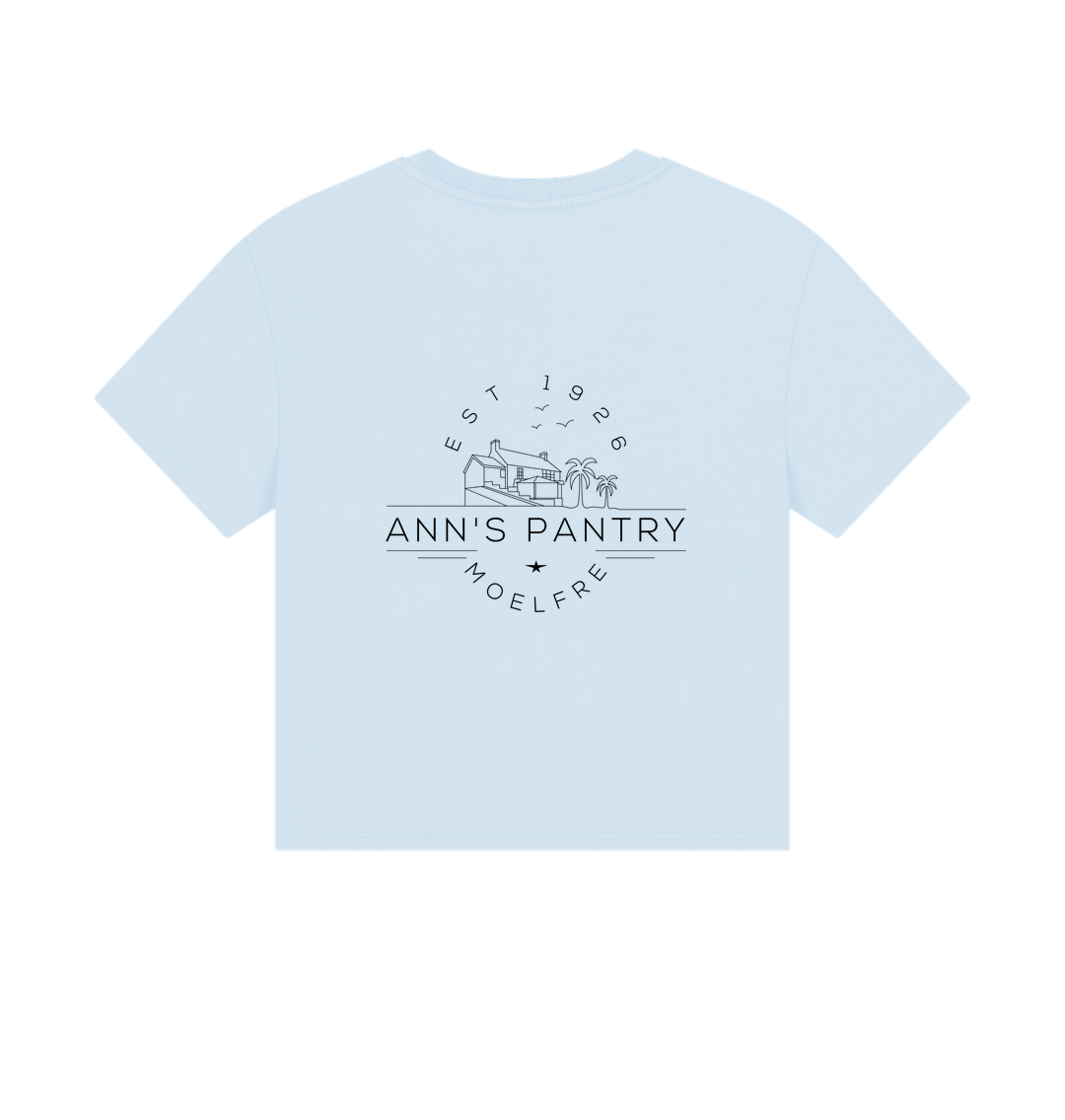 Sky Blue Ann's Pantry Ladies Boxy Tee Logo on back
