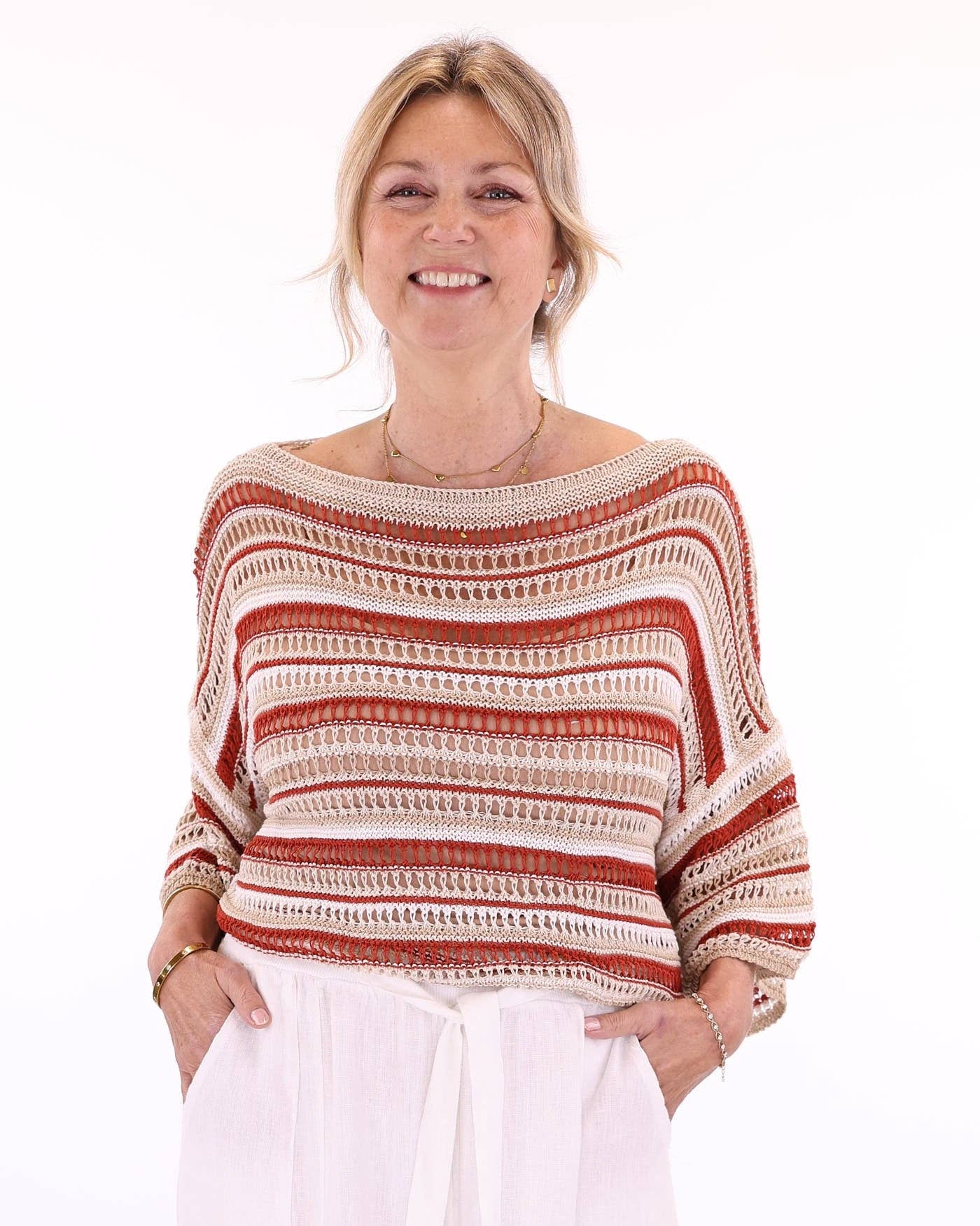 Cadenza - Cotton Blend Sienna Stripey Top