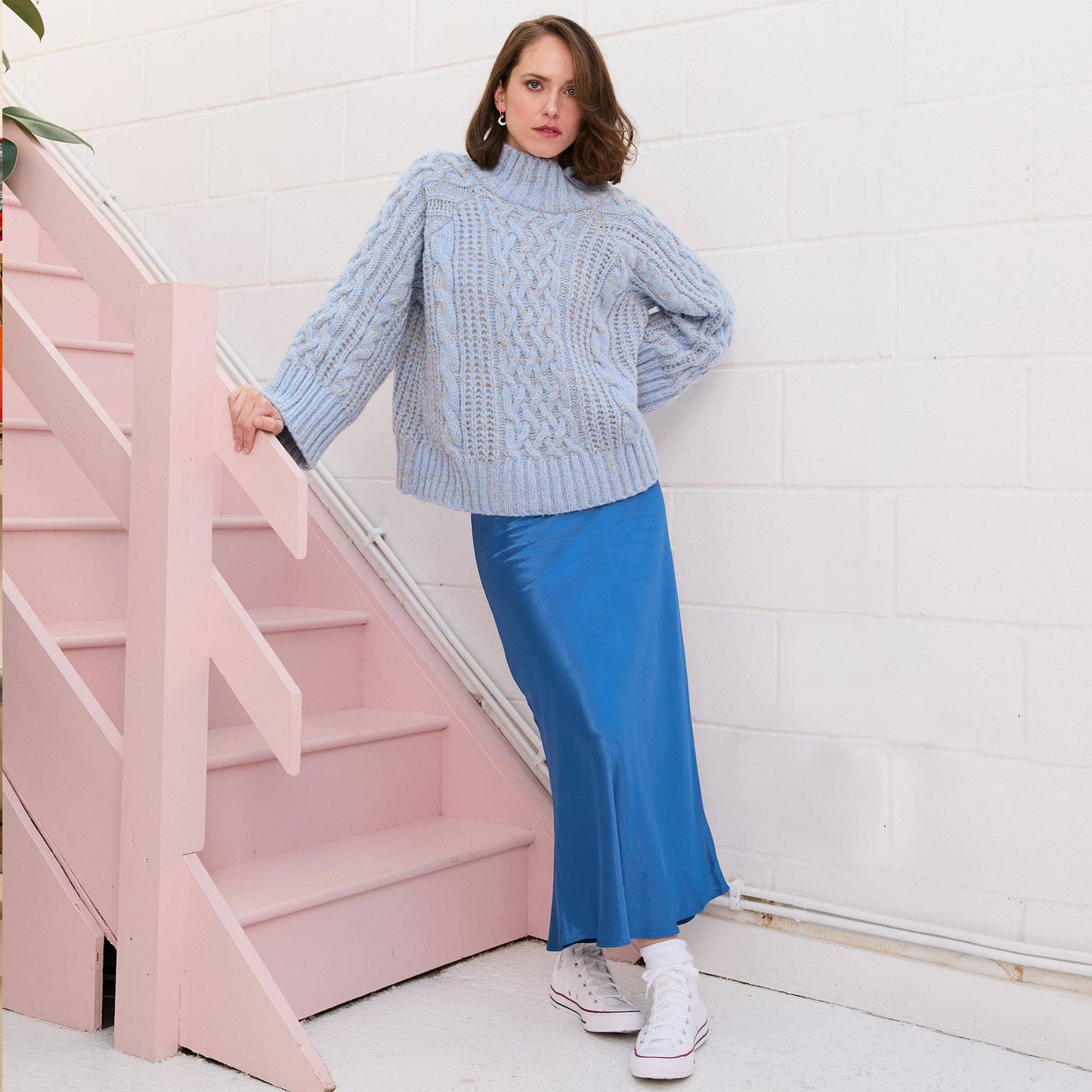 Cara & The Sky - Sarah High Neck Cable Wide Sleeve Jumper - Blue Knit Sweater