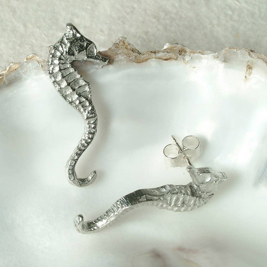 Seahorse Stud Earrings, English Pewter Jewellery
