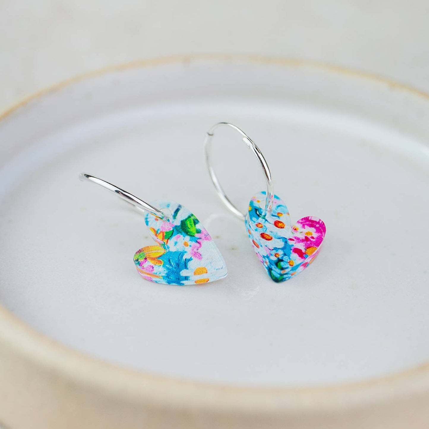 Sterling Silver And Acrylic Colourful Floral Charm Hoops