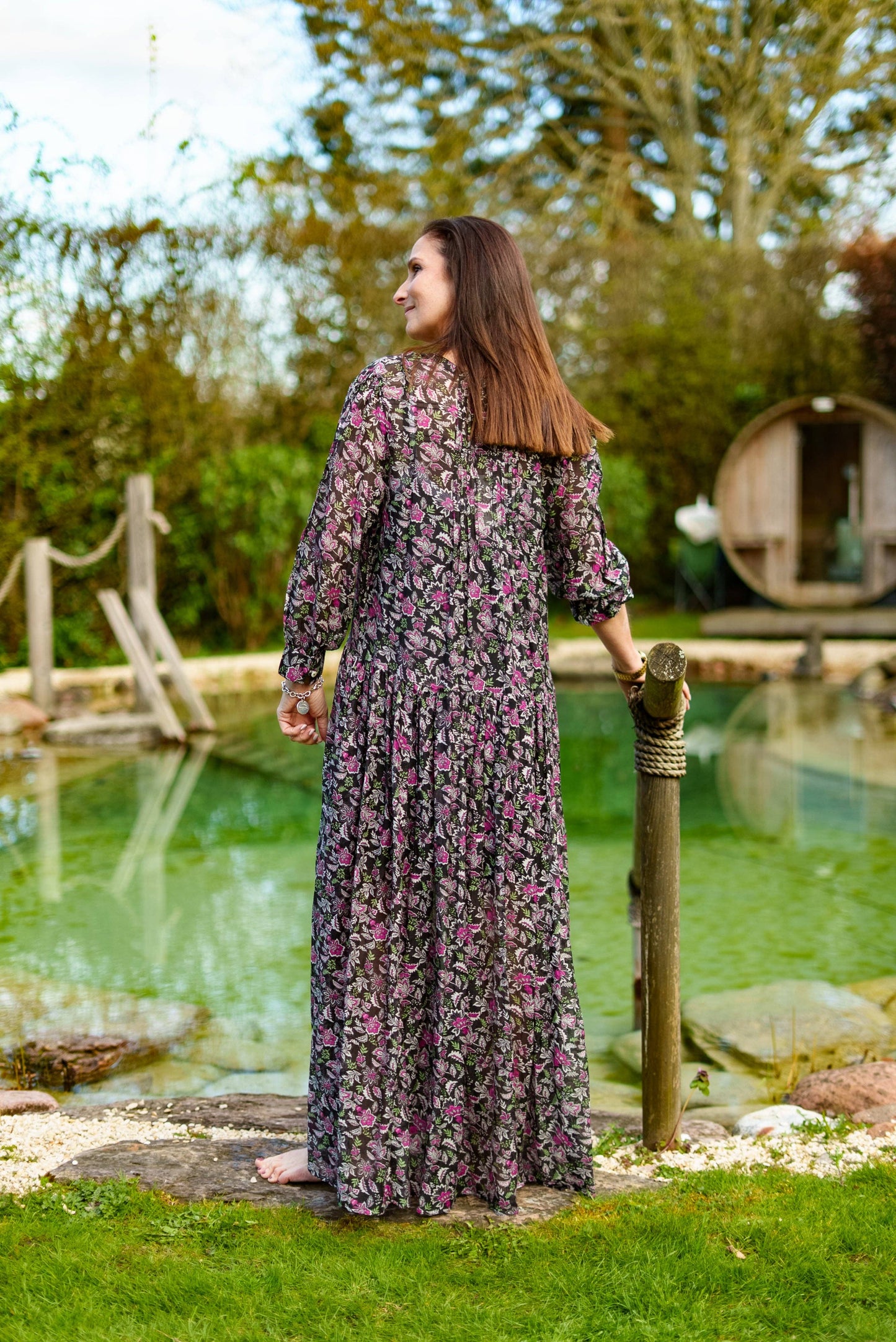 Inky black Cotton / Silk maxi dress in beautiful floral print with separate cotton vest under garment. Side pockets.