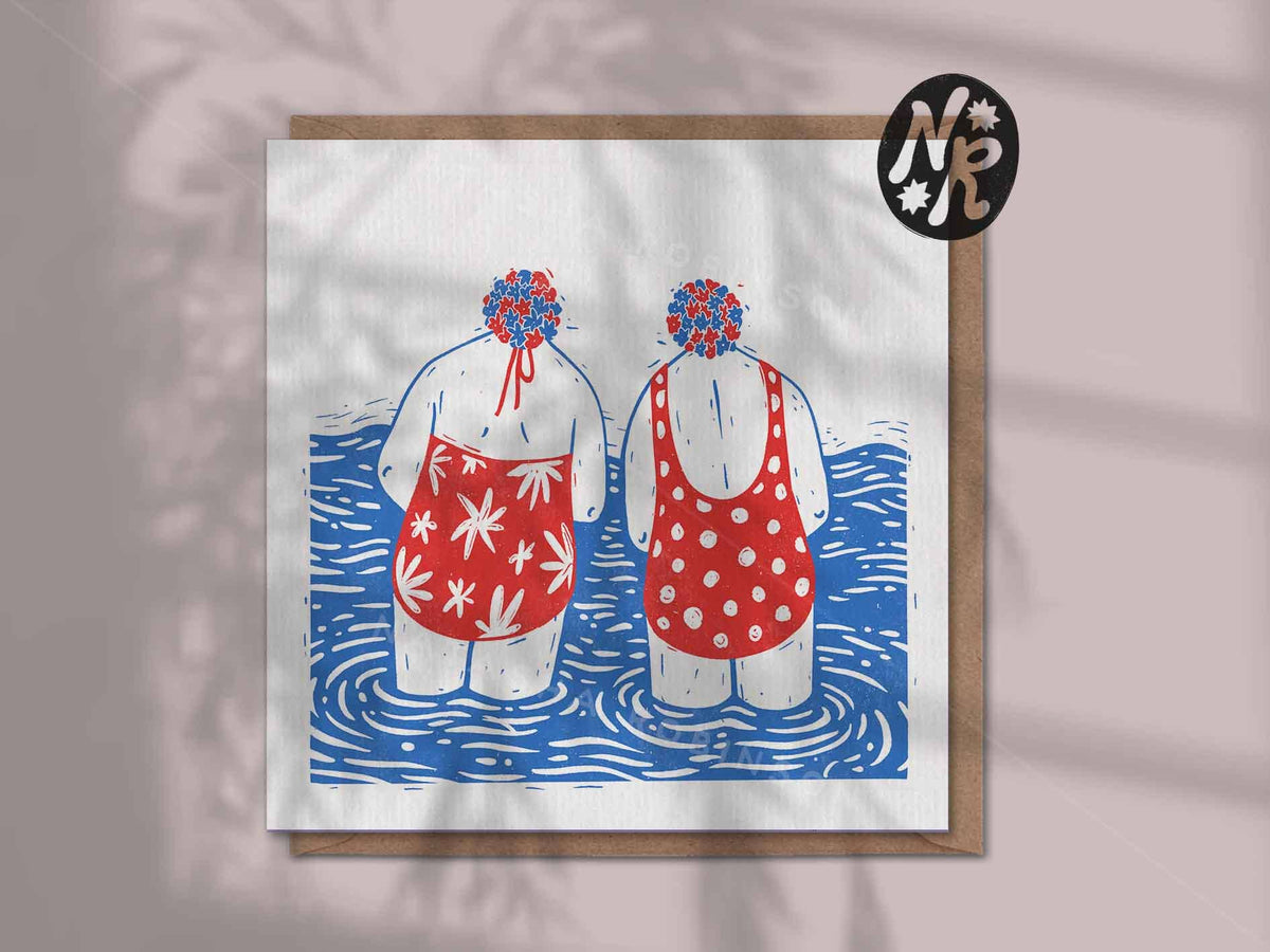 Natasha Robinson - Swimming Ladies 2 Blank Wild Sea Swim Lino Greetings Card