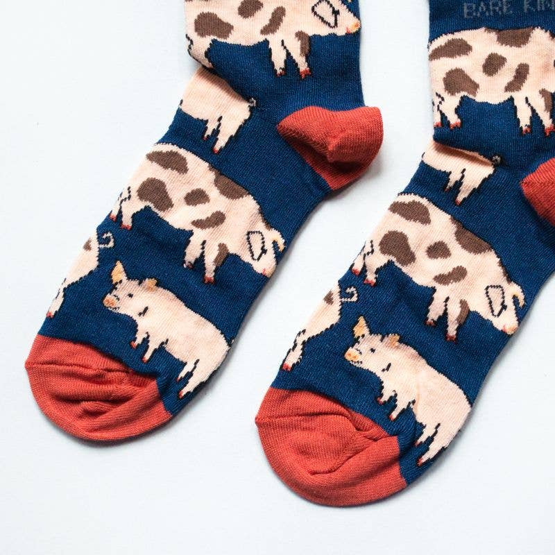 Pig Socks | Bamboo Socks | Blue Socks | Farm Socks: UK Adult 7-11 / Single Pair / Pigs