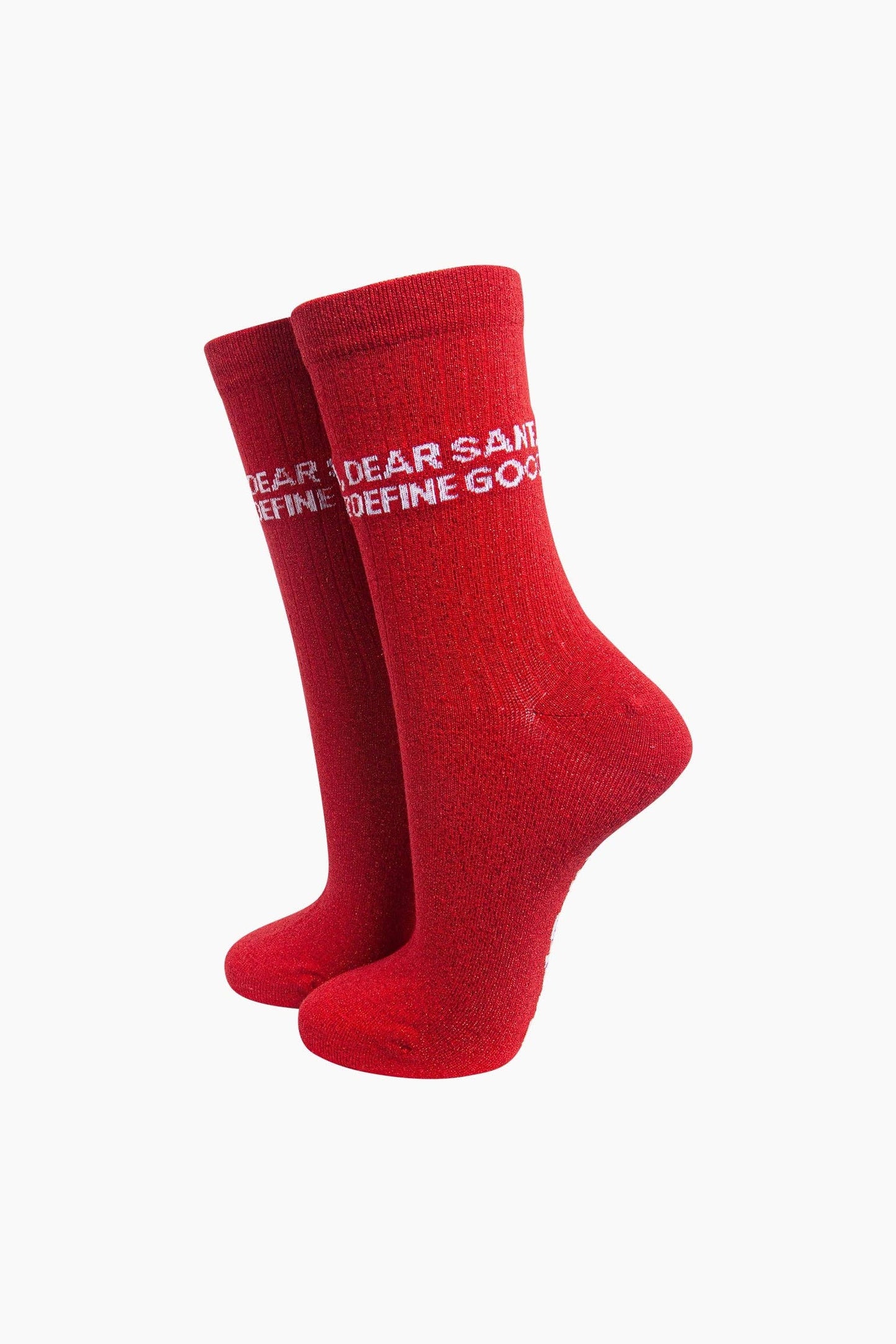 Dear Santa, Define Good? Combed Cotton Glitter Socks in Red