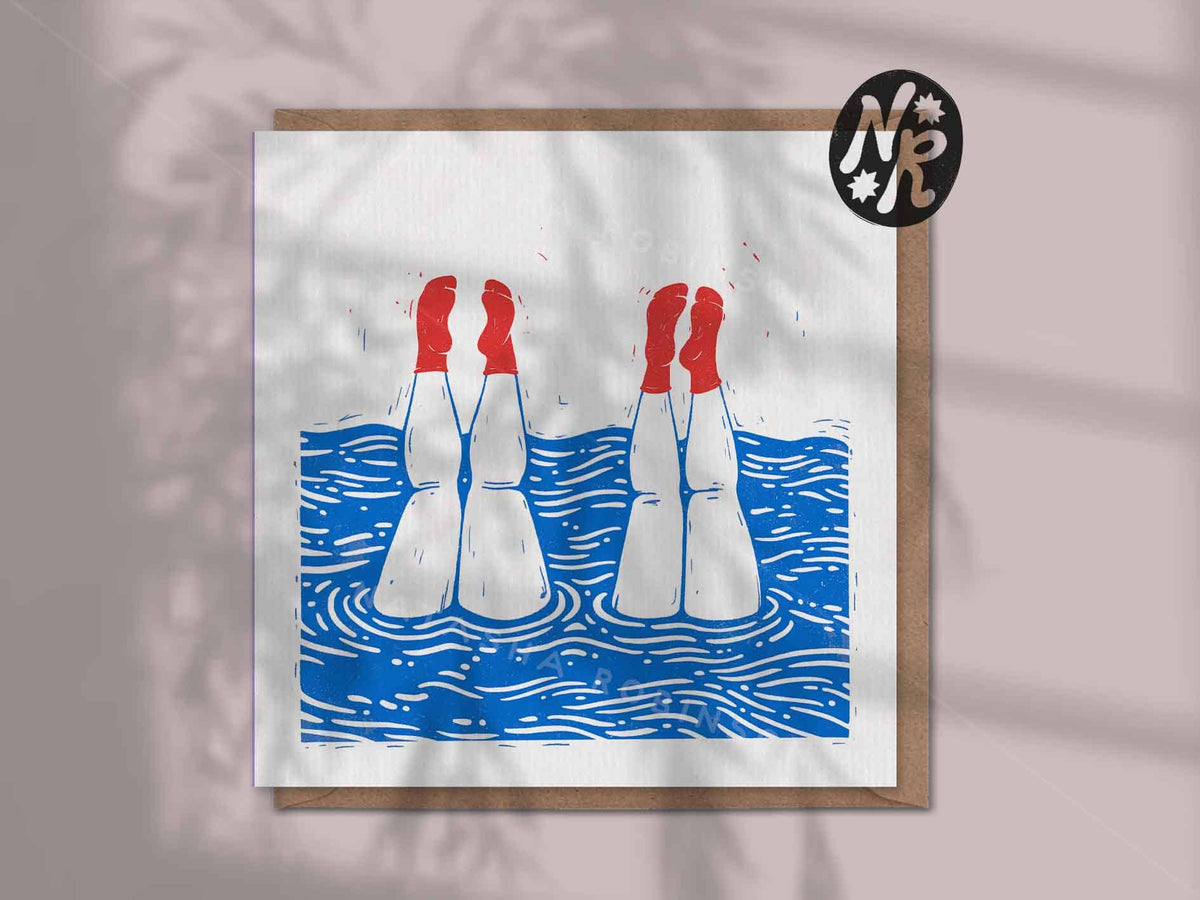 Natasha Robinson - Swimming Ladies 3 Handstand Sea Swim Lino Greetings Card
